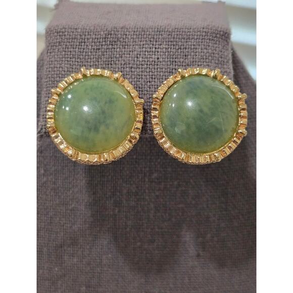 Green Stone Surrounded by Gold Metal Stud Earrings - Picture 2 of 4